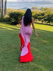 One Shoulder Color Block Maxi Dress