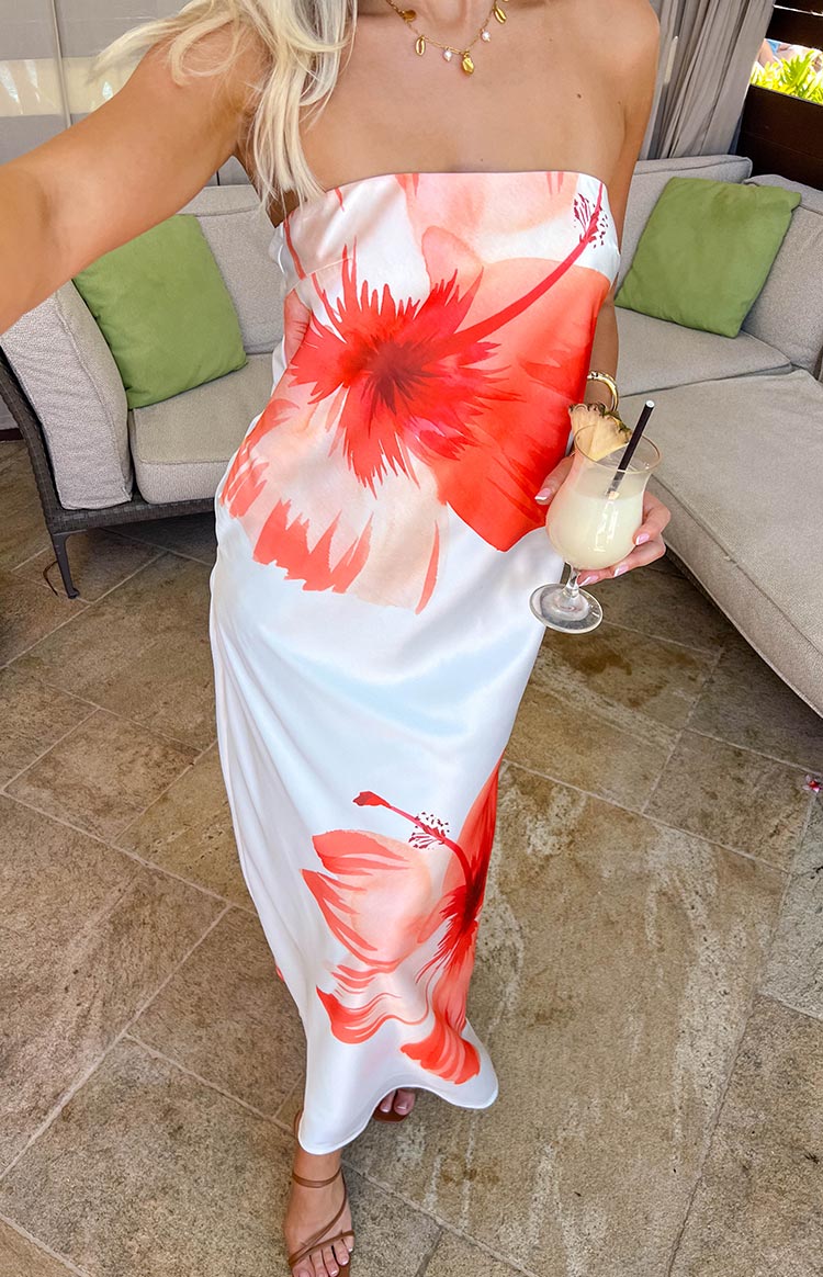 Orange Red Floral Bandeau Maxi Dress