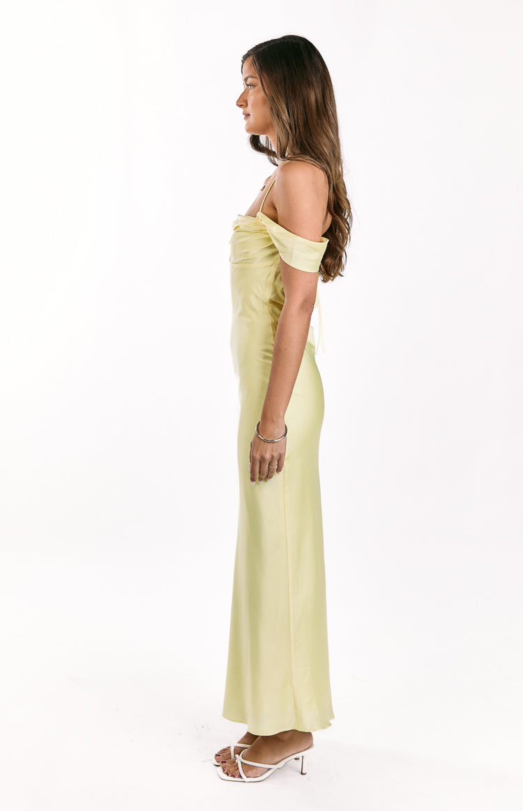 Yellow Tie Off Shoulder Formal Maxi Dress
