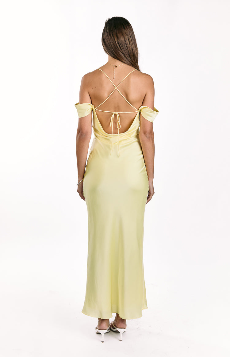 Yellow Tie Off Shoulder Formal Maxi Dress