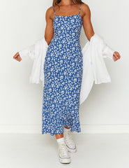 Royal Blue Floral Slip Midi Dress