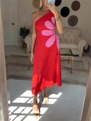 Red Floral One Shoulder Midi Dress