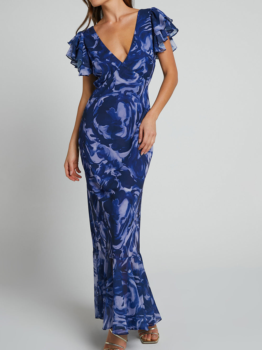 Navy Floral V Neckline Maxi Dress