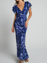 Navy Floral V Neckline Maxi Dress