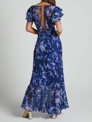 Navy Floral V Neckline Maxi Dress