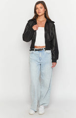 Black Solid Crop Bomber Jacket