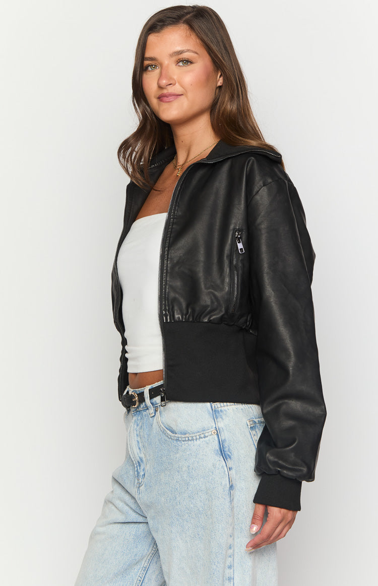 Black Solid Crop Bomber Jacket
