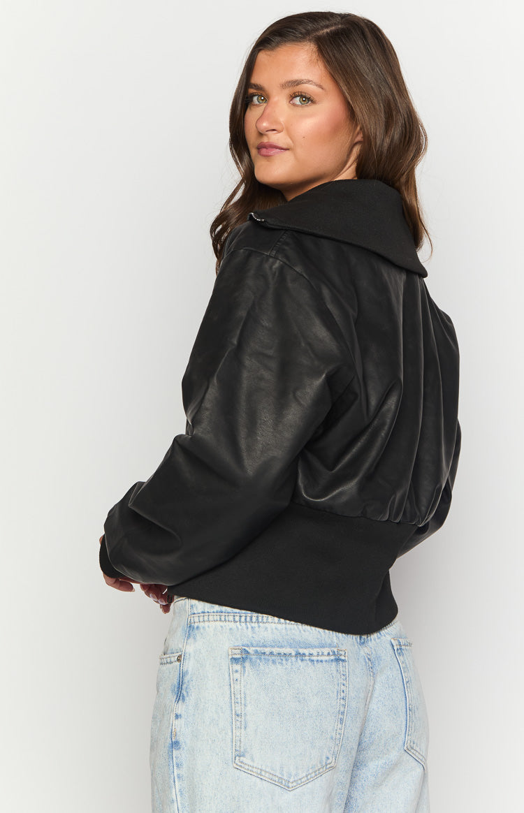 Black Solid Crop Bomber Jacket