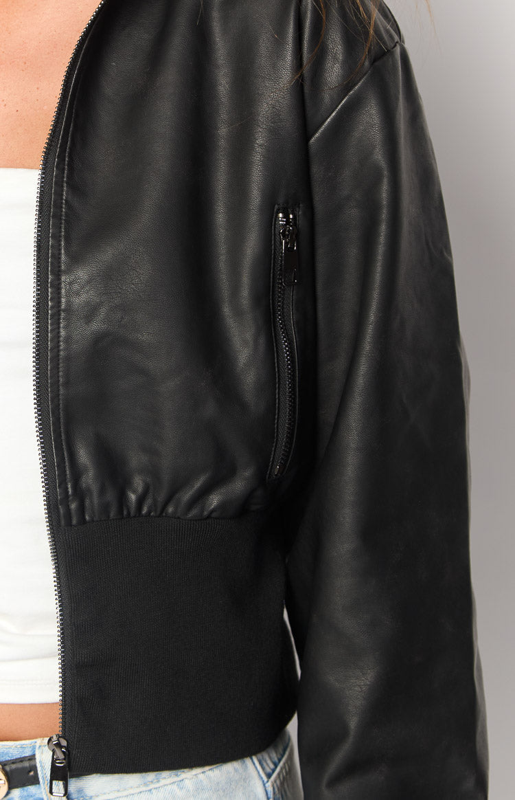 Black Solid Crop Bomber Jacket