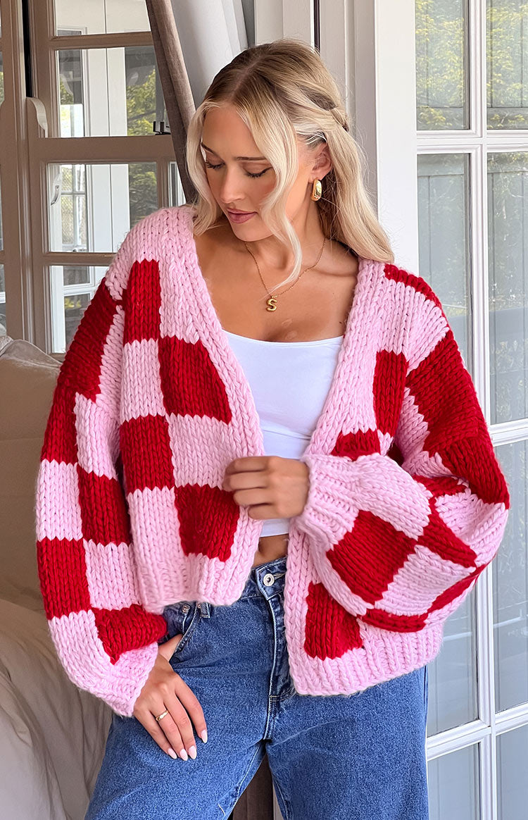 Pink And Red Checkered Knit Cardigan