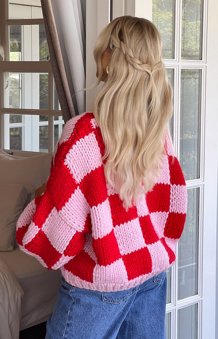 Pink And Red Checkered Knit Cardigan
