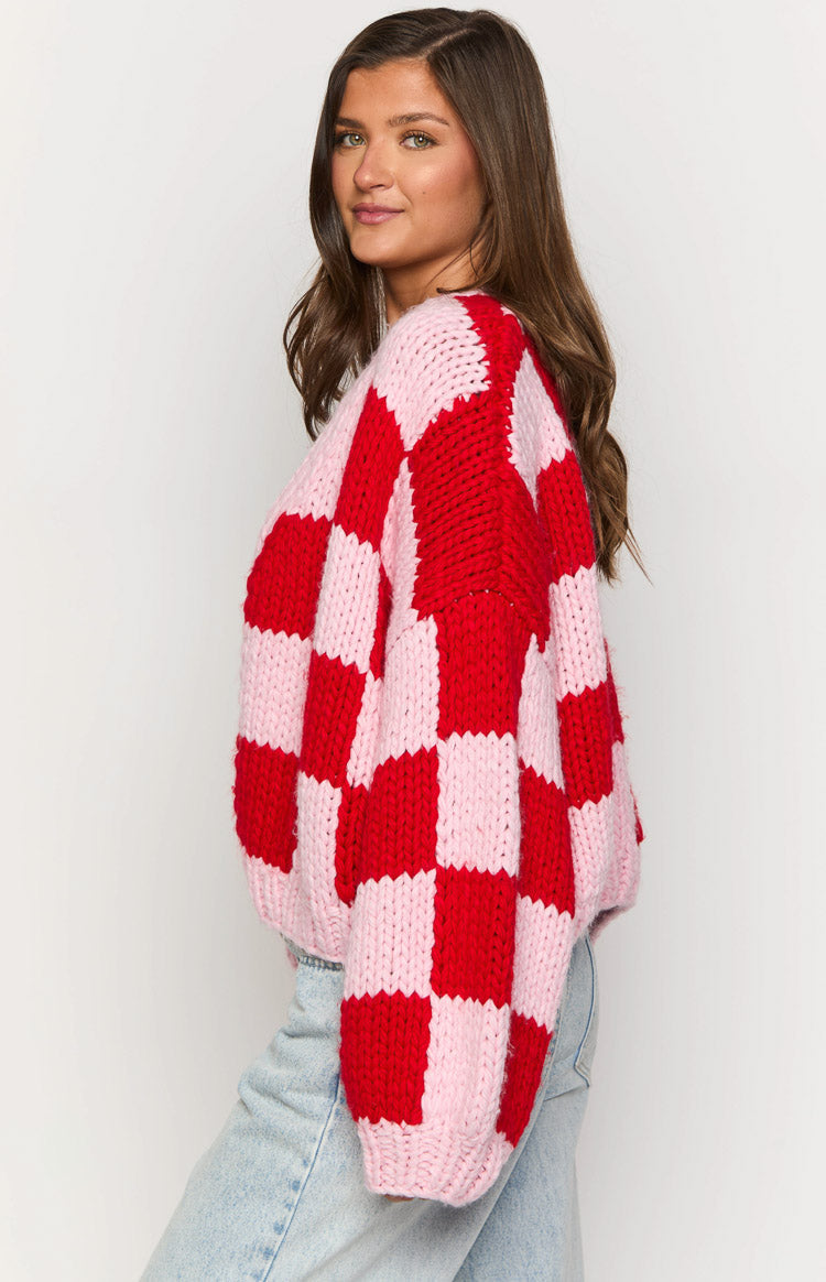 Pink And Red Checkered Knit Cardigan