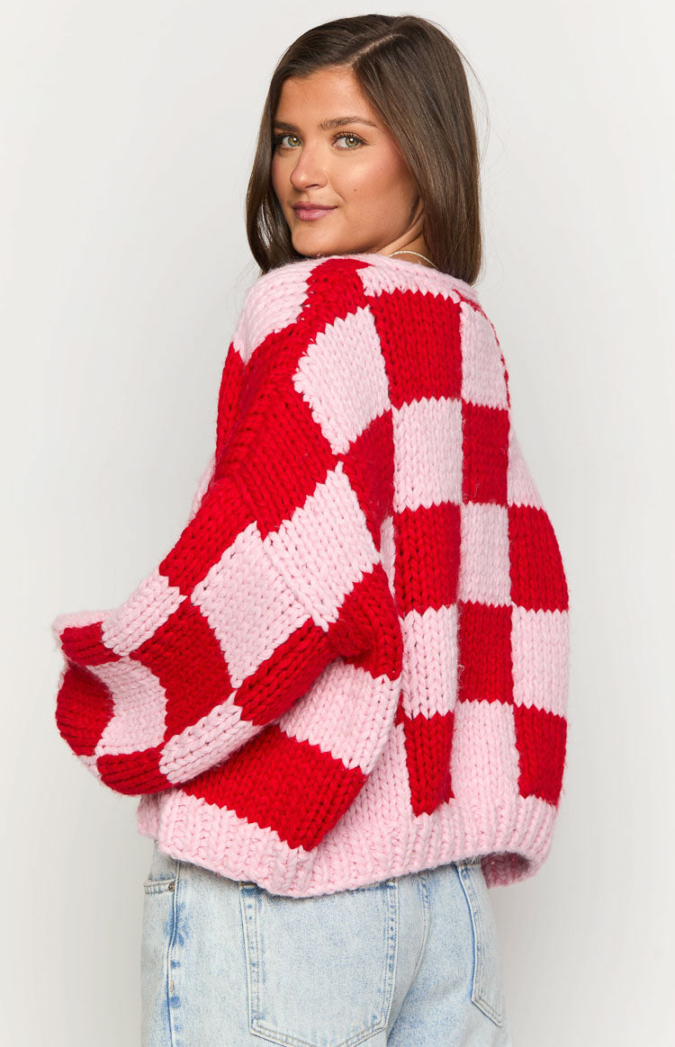 Pink And Red Checkered Knit Cardigan