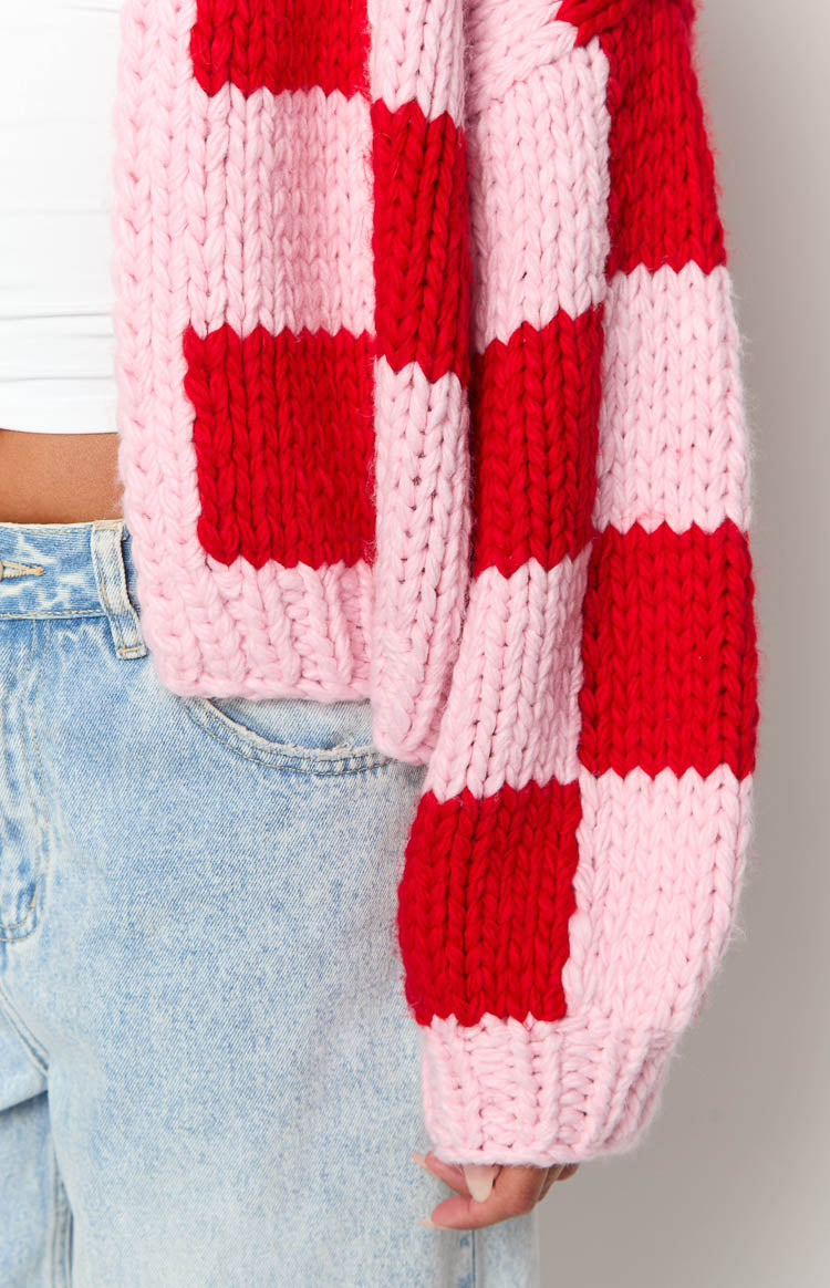 Pink And Red Checkered Knit Cardigan