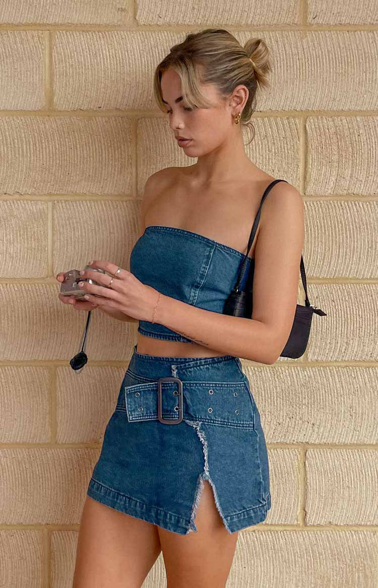 Blue Buckle Denim Mini Skirt