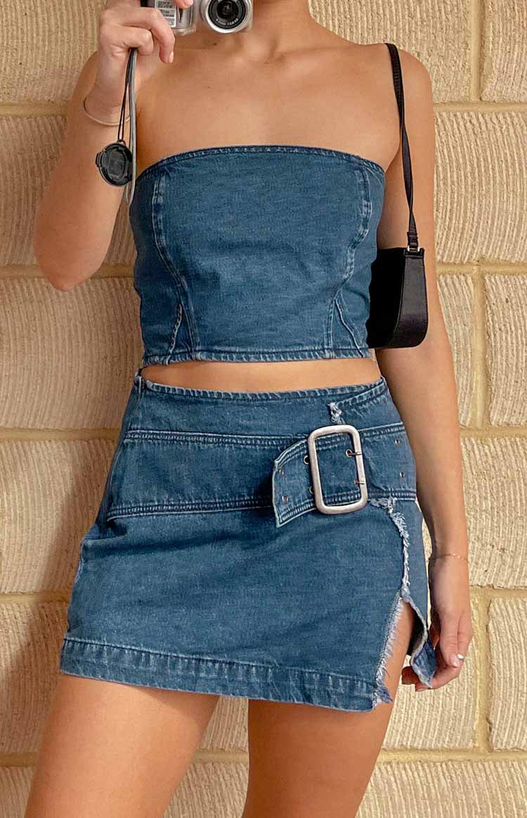 Blue Buckle Denim Mini Skirt