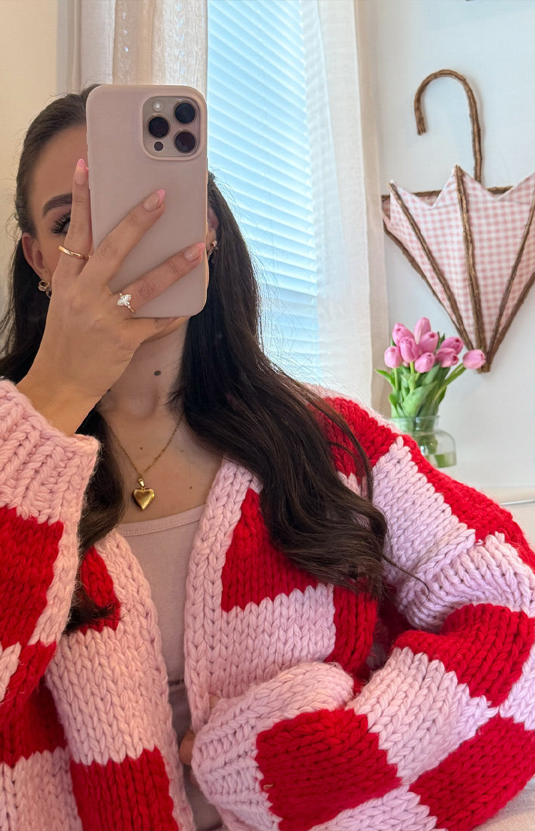 Pink And Red Checkered Knit Cardigan