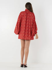 Red Geo Print Lantern Sleeve Mini Dress