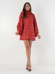 Red Geo Print Lantern Sleeve Mini Dress