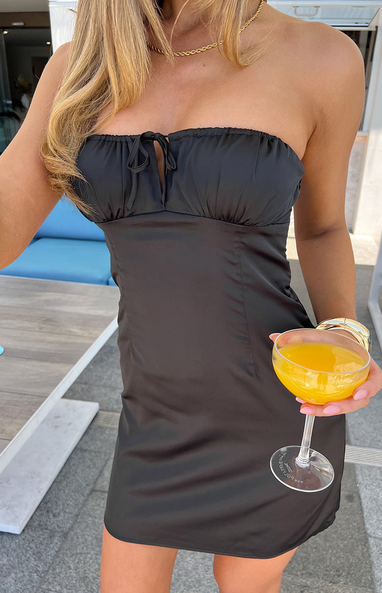 Black Satin Strapless Mini Dress