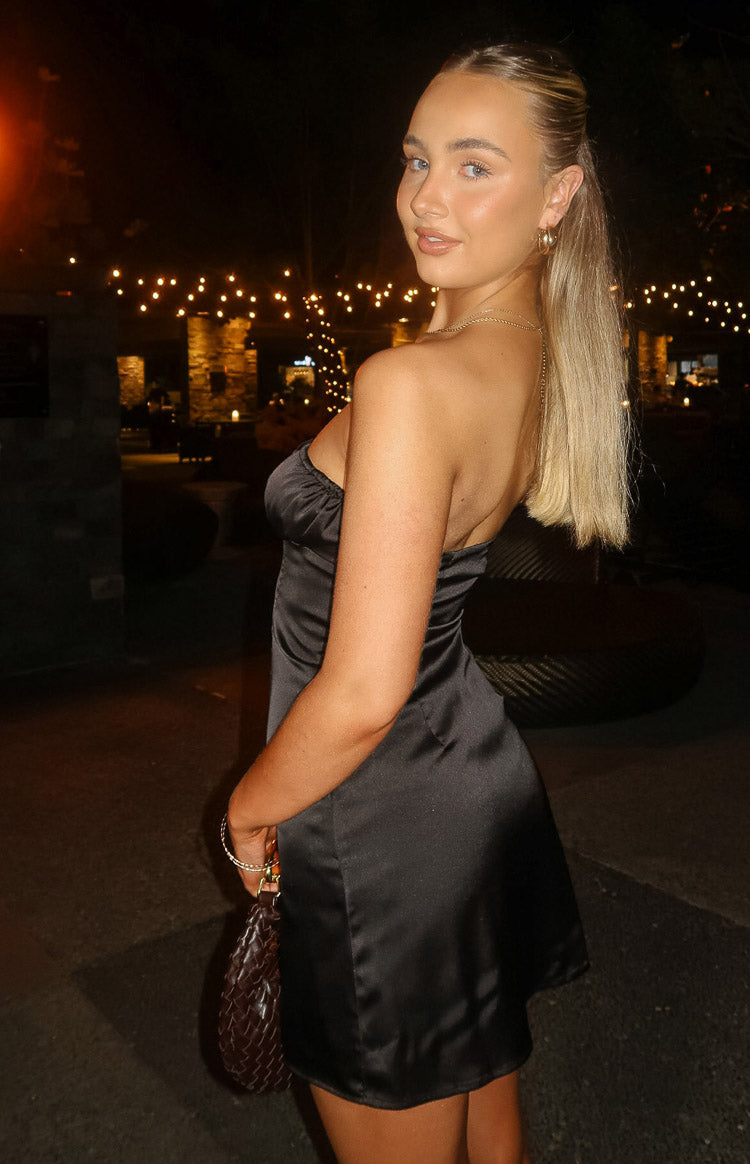 Black Satin Strapless Mini Dress