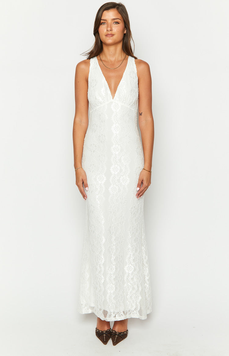 White Lace Open Back Maxi Dress