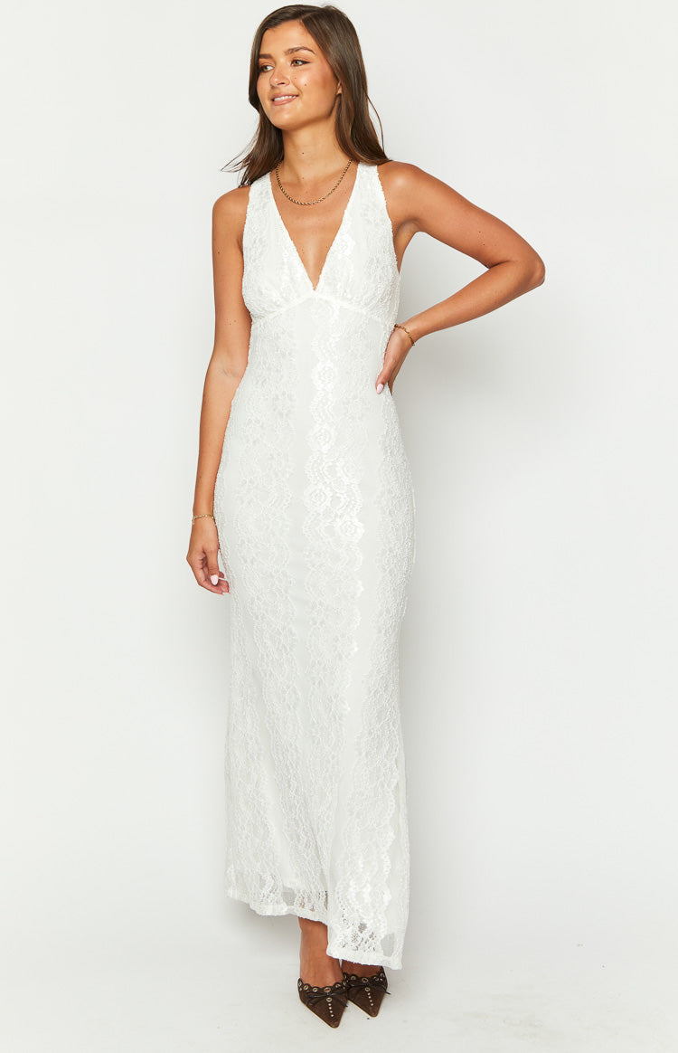 White Lace Open Back Maxi Dress