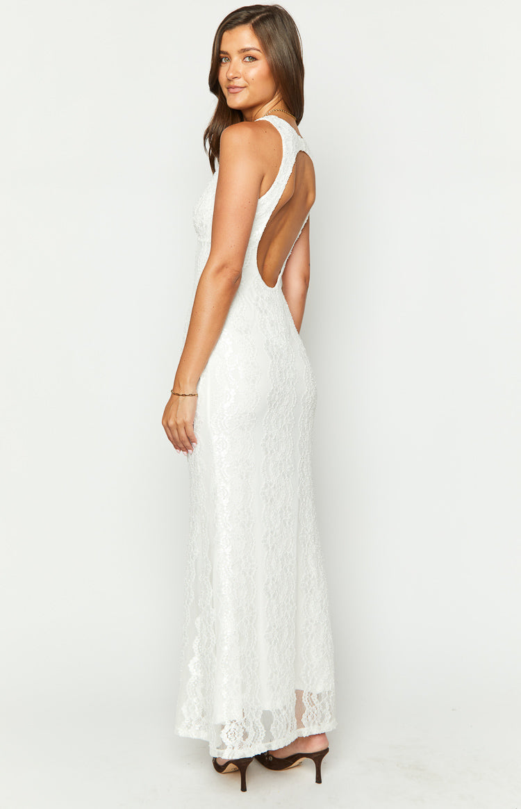 White Lace Open Back Maxi Dress