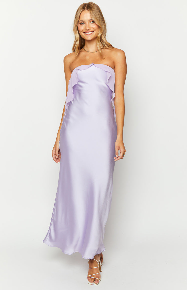 Purple Satin Strapless Maxi Dress