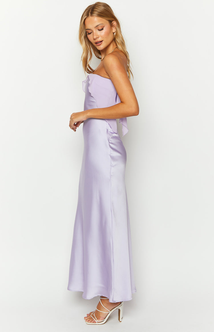 Purple Satin Strapless Maxi Dress
