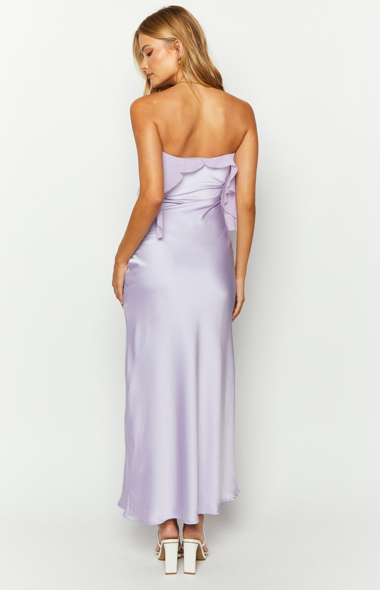 Purple Satin Strapless Maxi Dress