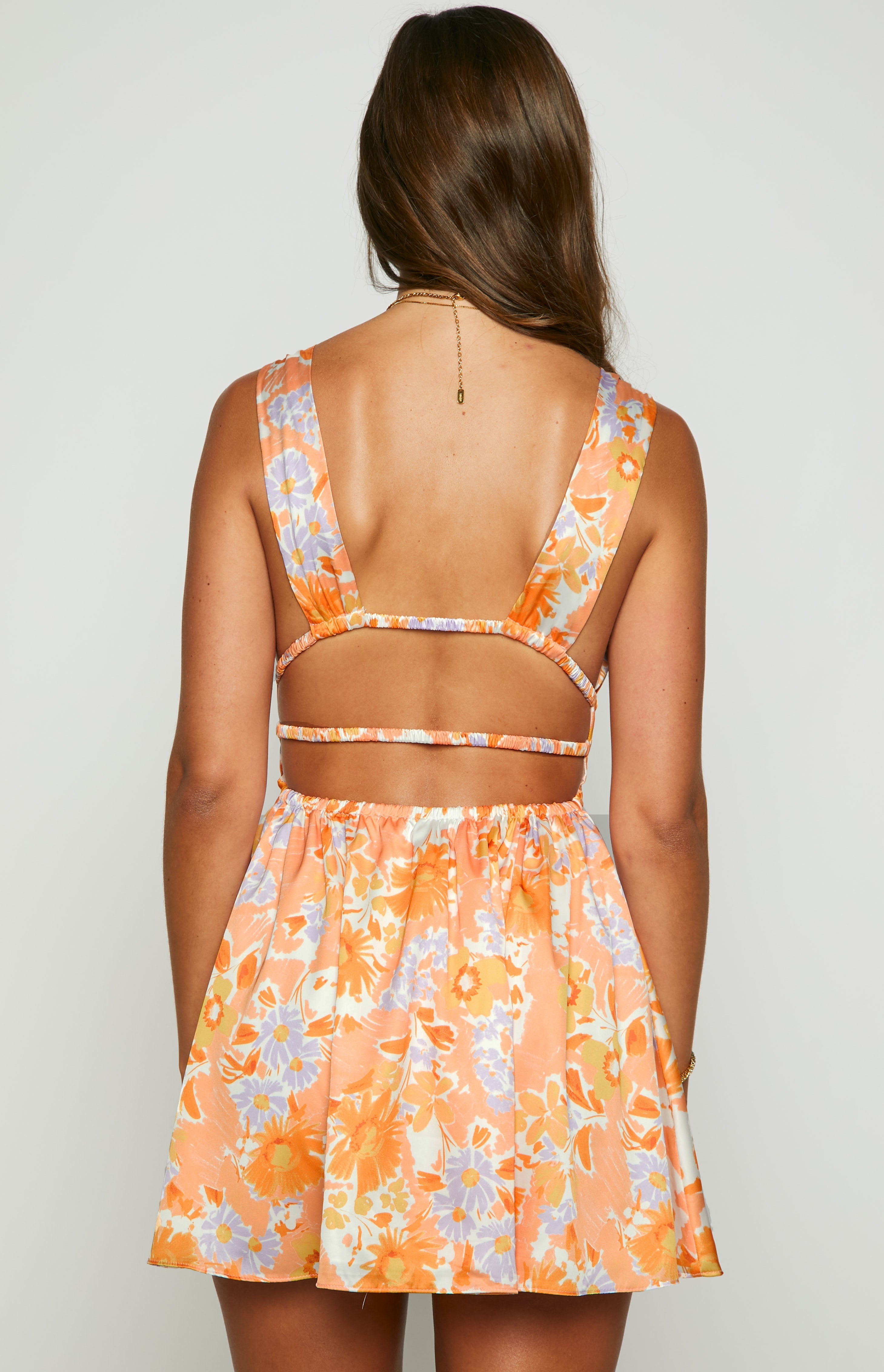 Orange Floral Plunging Mini Dress