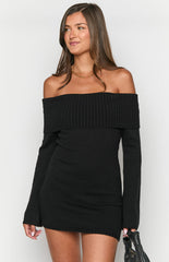 Black Off the Shoulder Knit Mini Dress