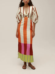 Orange Striped Puff Sleeve Maxi Dress