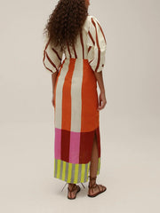 Orange Striped Puff Sleeve Maxi Dress