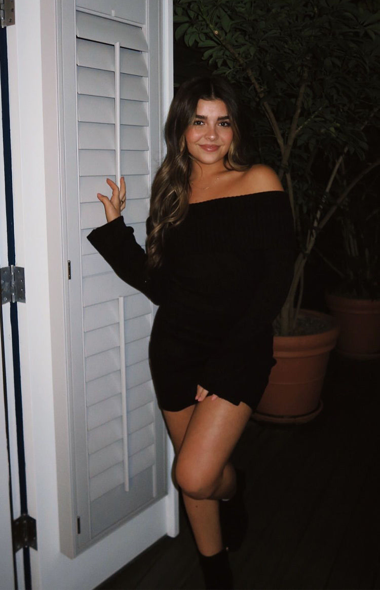 Black Off the Shoulder Knit Mini Dress