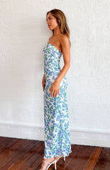 Blue Floral Strapless Maxi Dress