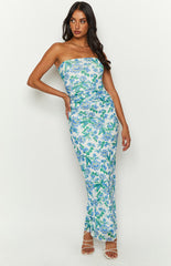 Blue Floral Strapless Maxi Dress