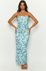 Blue Floral Strapless Maxi Dress