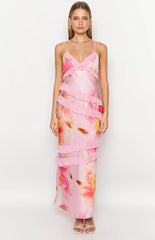 Light Pink Floral Print Ruffle Maxi Dress