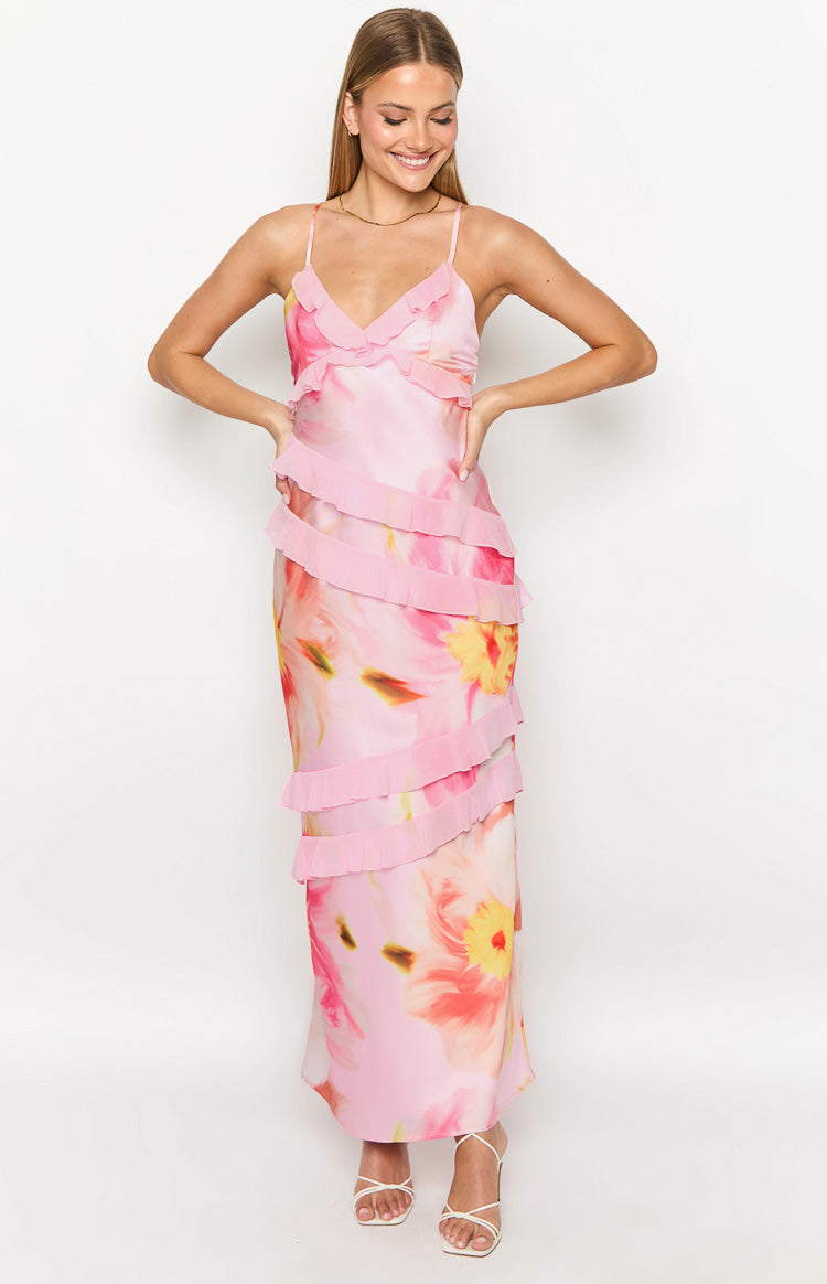 Light Pink Floral Print Ruffle Maxi Dress