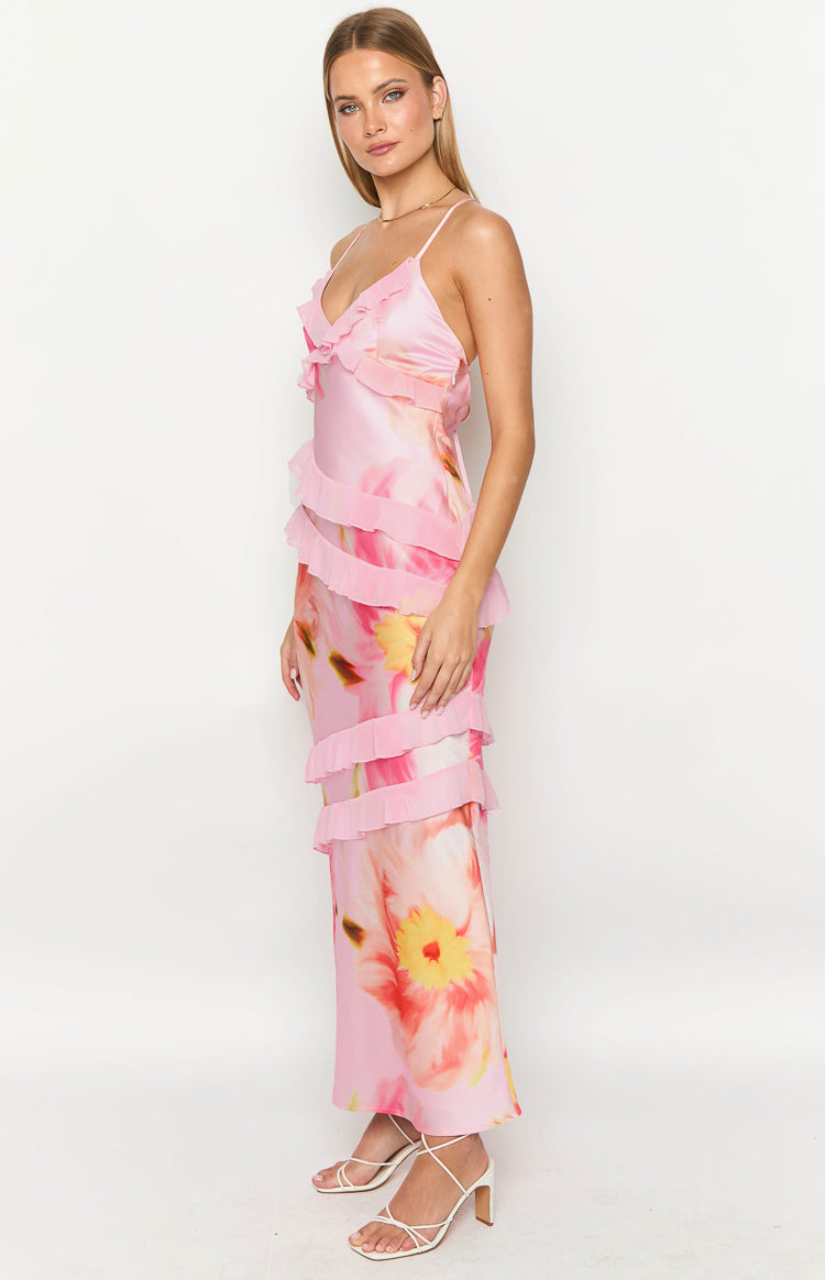Light Pink Floral Print Ruffle Maxi Dress