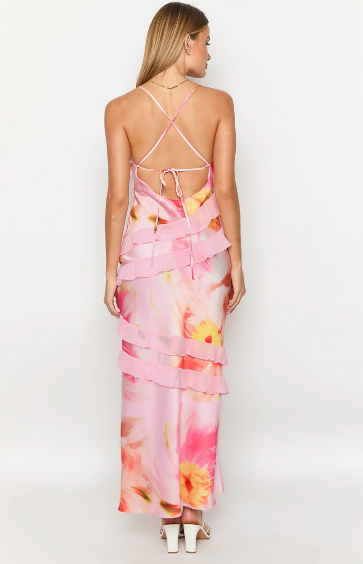 Light Pink Floral Print Ruffle Maxi Dress