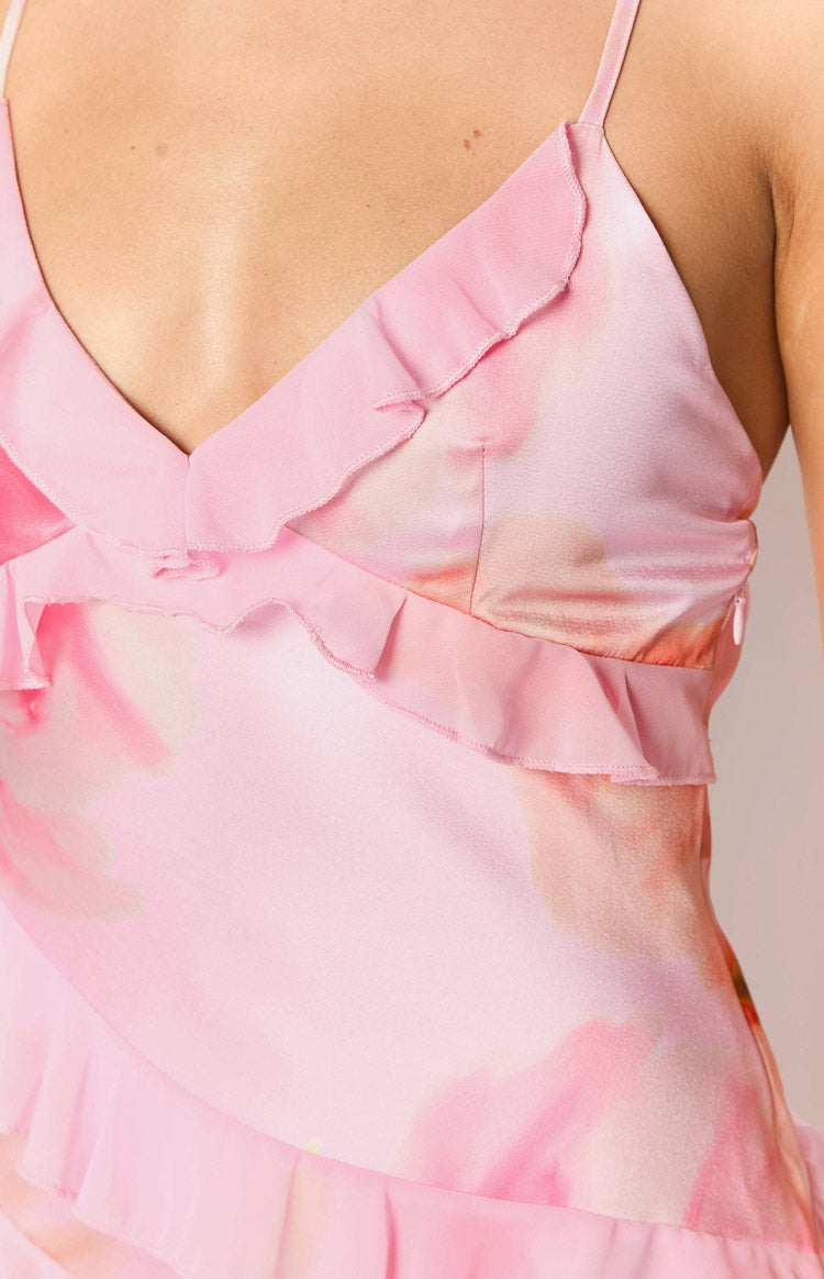 Light Pink Floral Print Ruffle Maxi Dress