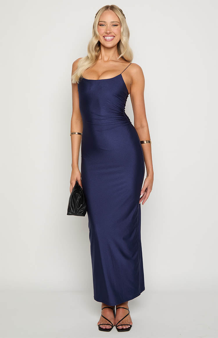 Navy Blue Satin Maxi Dress