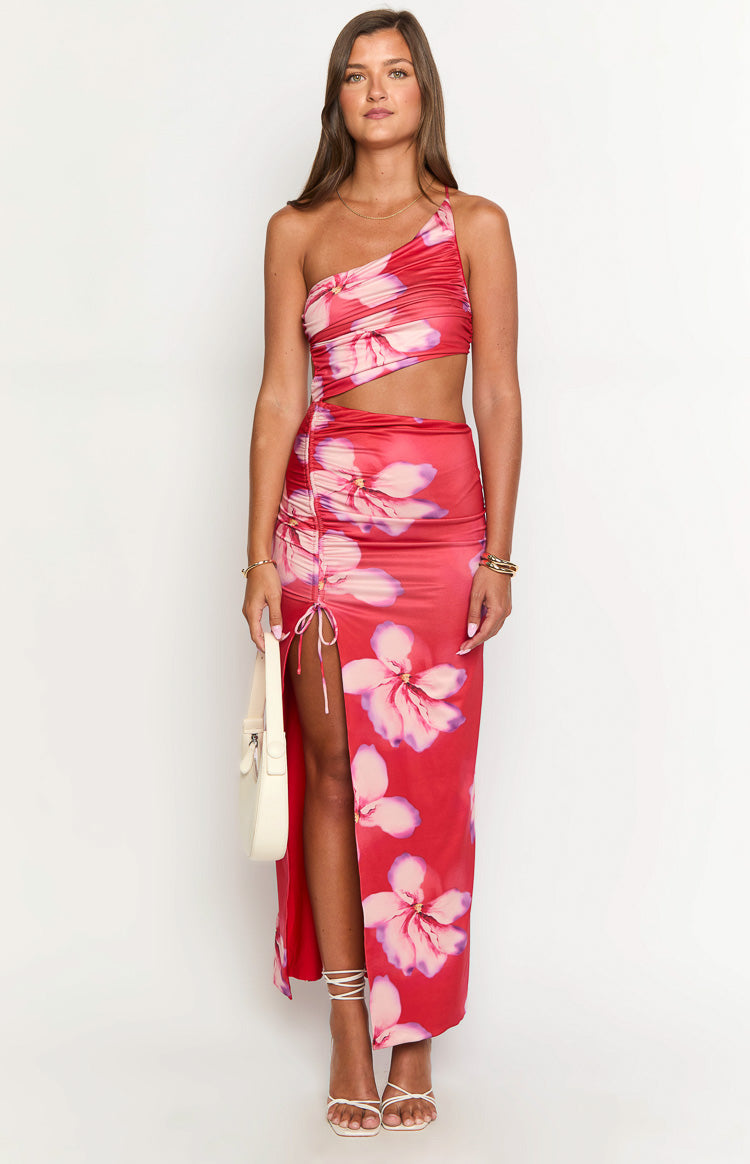 Red Floral One Shoulder Maxi Dress
