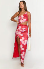 Red Floral One Shoulder Maxi Dress