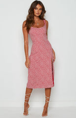 Red Floral Sleeveless Midi Dress