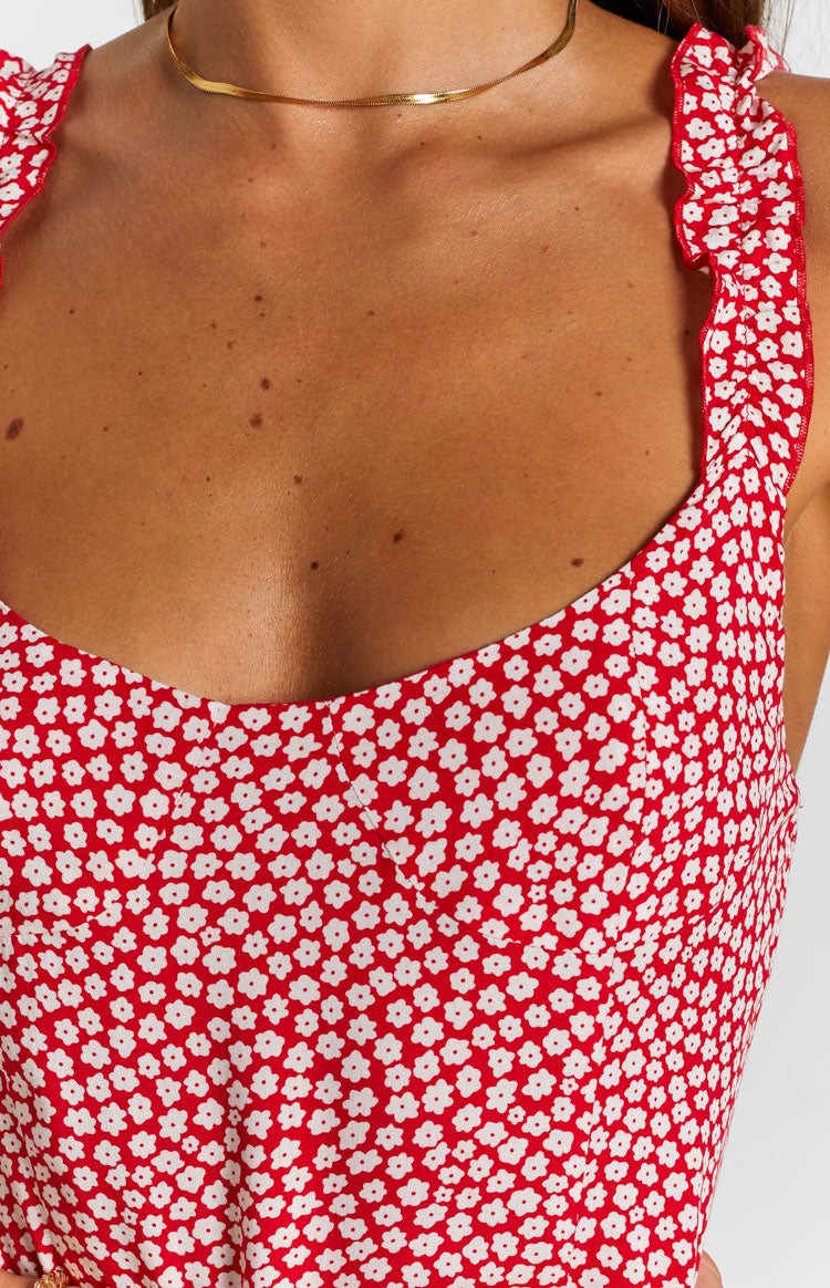 Red Floral Sleeveless Midi Dress