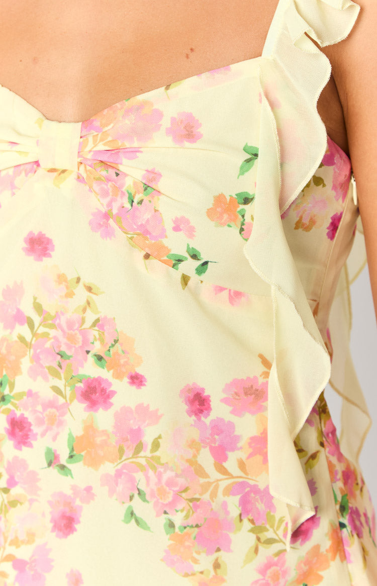 Yellow Floral Chiffon Mini Dress